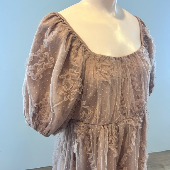 NWT Polagram Zelda Dress Tan Mesh Tulle Ruffled Square Neck - Picture 4 of 5